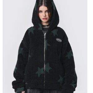 Black Fleece Oversized Zip Up Hoodie Jacket with Green Stars | Minga London